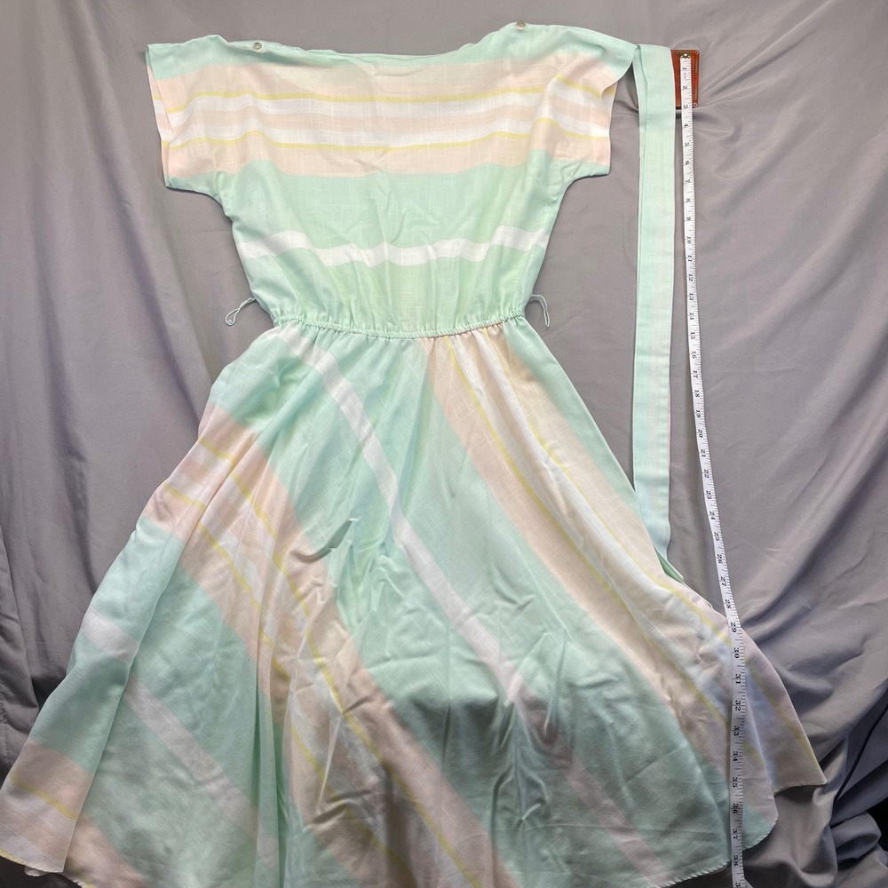 Vintage Pastel Striped Midi Dress Mint Green Peach Yellow Elastic Waist Sash